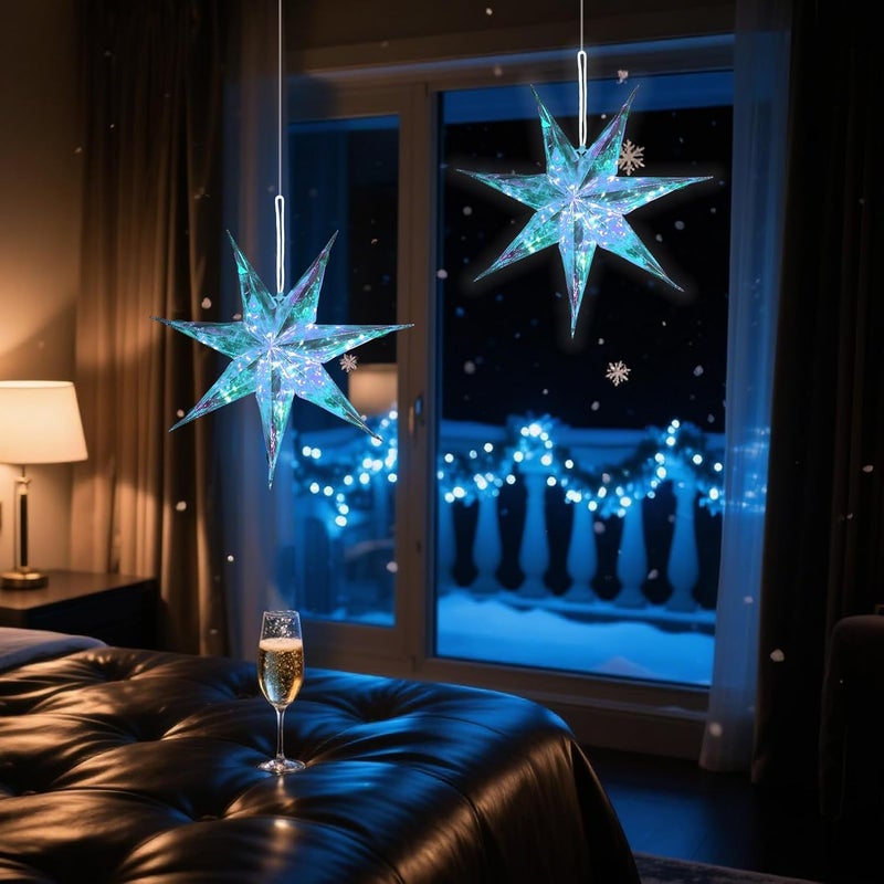 paper jazz Iridescent Christmas Decorations Star Hanging,Christmas Tree Decoration with Star String Light, Iridescent Xmas Ornaments with LED for Indoor Outdoor,Wall,Window. - Image 2